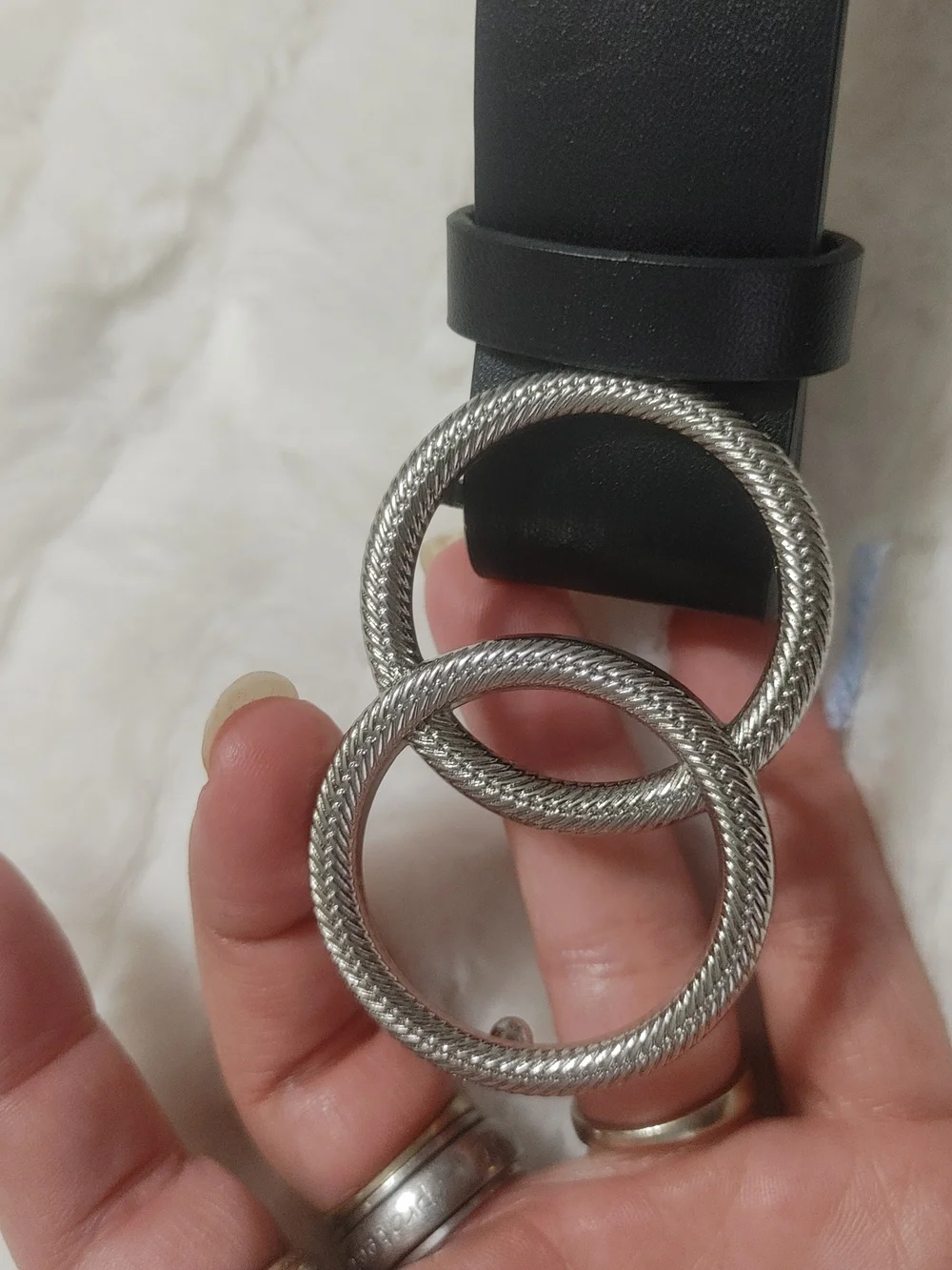 BKE Black Leather Belt with Textured Silver Double Rings